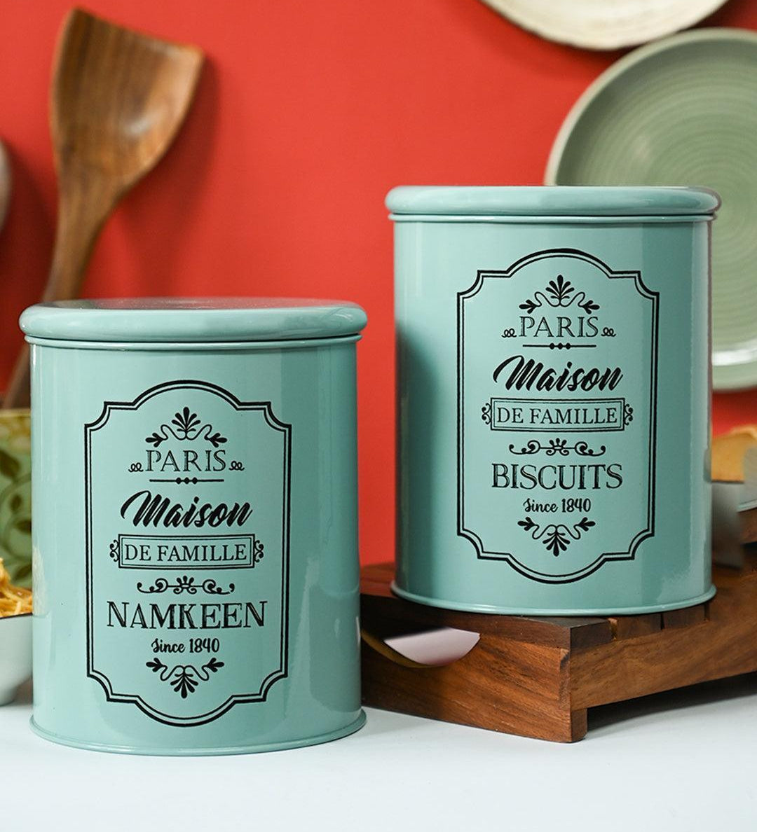 Metal Biscuite & Namkeen Jar Set - Green & Each 1700 Ml - MARKET99