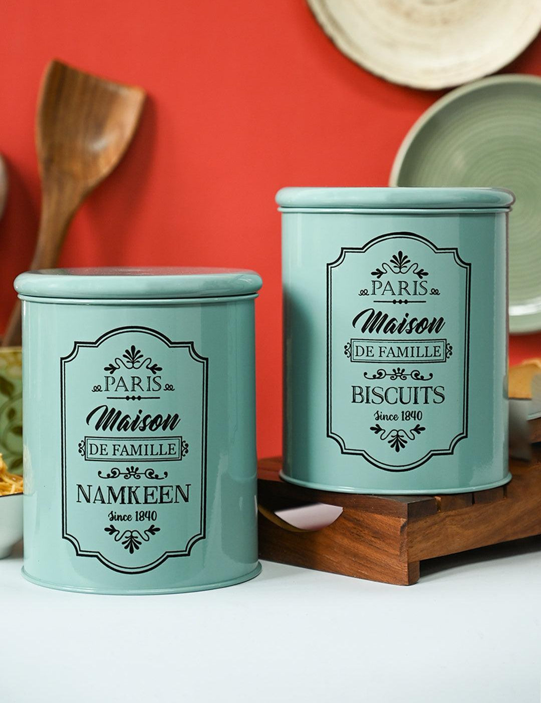 Metal Biscuite & Namkeen Jar Set - Green & Each 1700 Ml - MARKET99