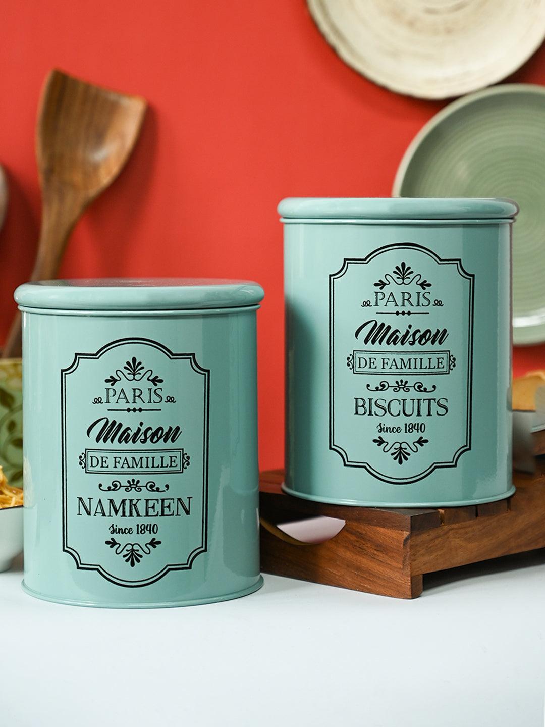 Metal Biscuite & Namkeen Jar Set - Green & Each 1700 Ml