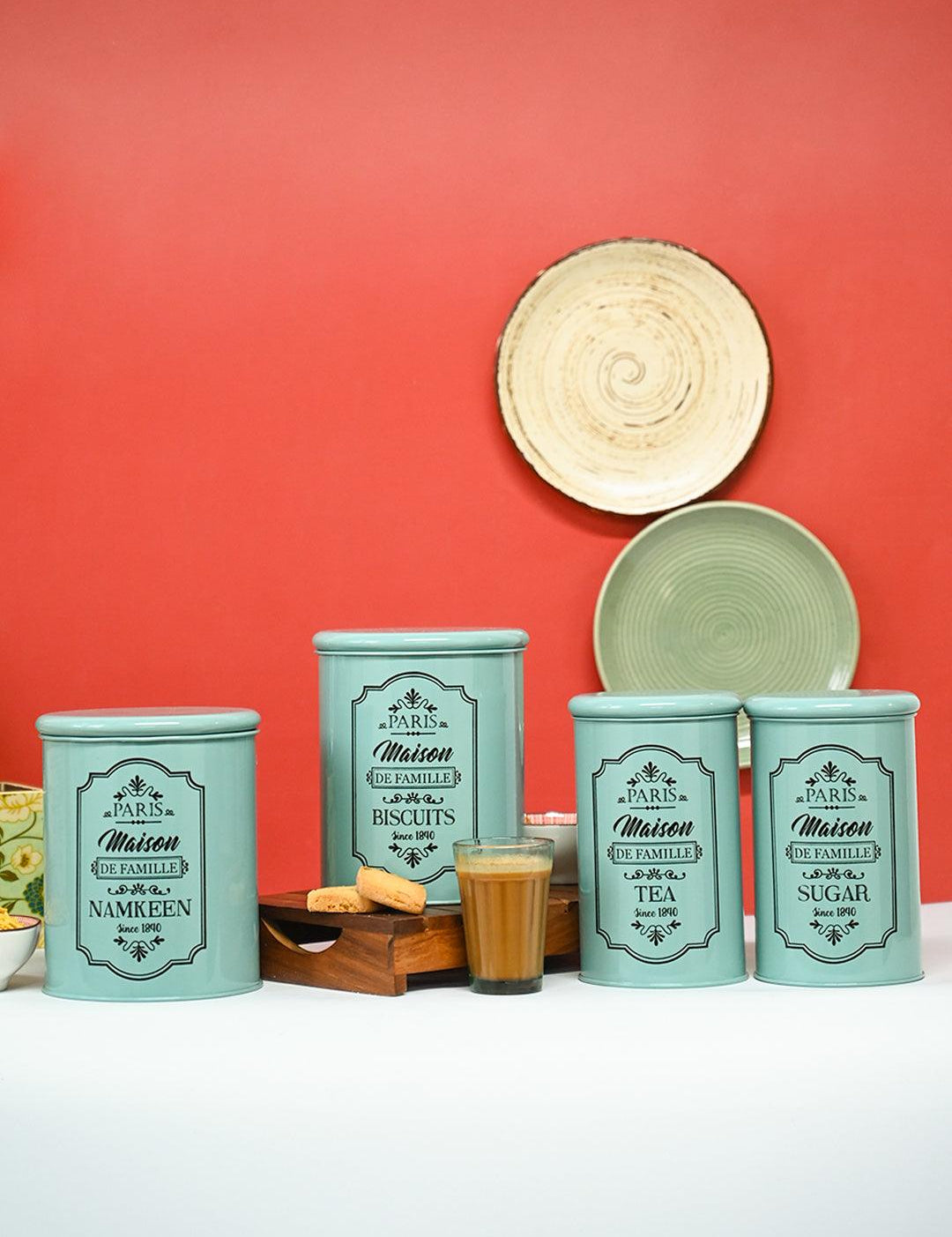 Metal Tea & Sugar Jar (Each 900 Ml) + Cookie & Namkeen Jar (Each 1700 Ml) - Green, Set Of 4 - MARKET99