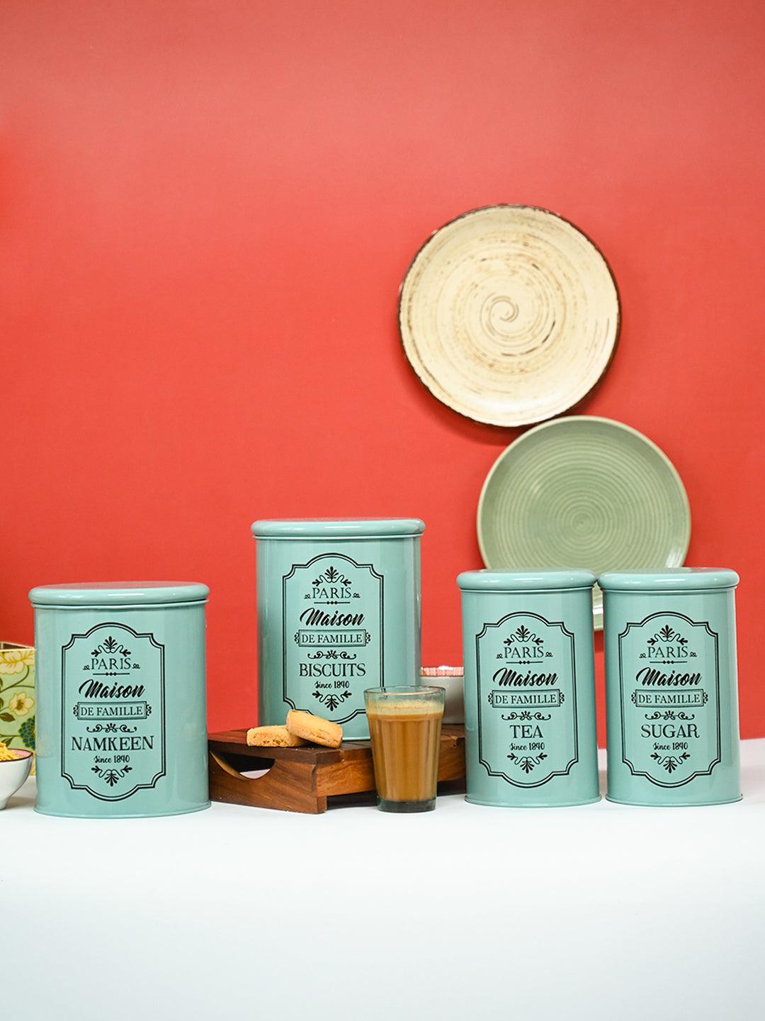 Metal Tea & Sugar Jar (Each 900 Ml) + Cookie & Namkeen Jar (Each 1700 Ml) - Green, Set Of 4 - MARKET99