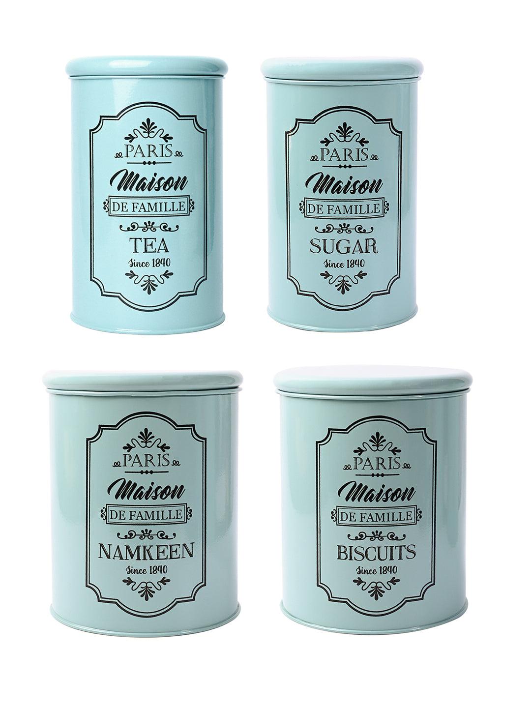 Metal Tea & Sugar Jar (Each 900 Ml) + Cookie & Namkeen Jar (Each 1700 Ml) - Green, Set Of 4