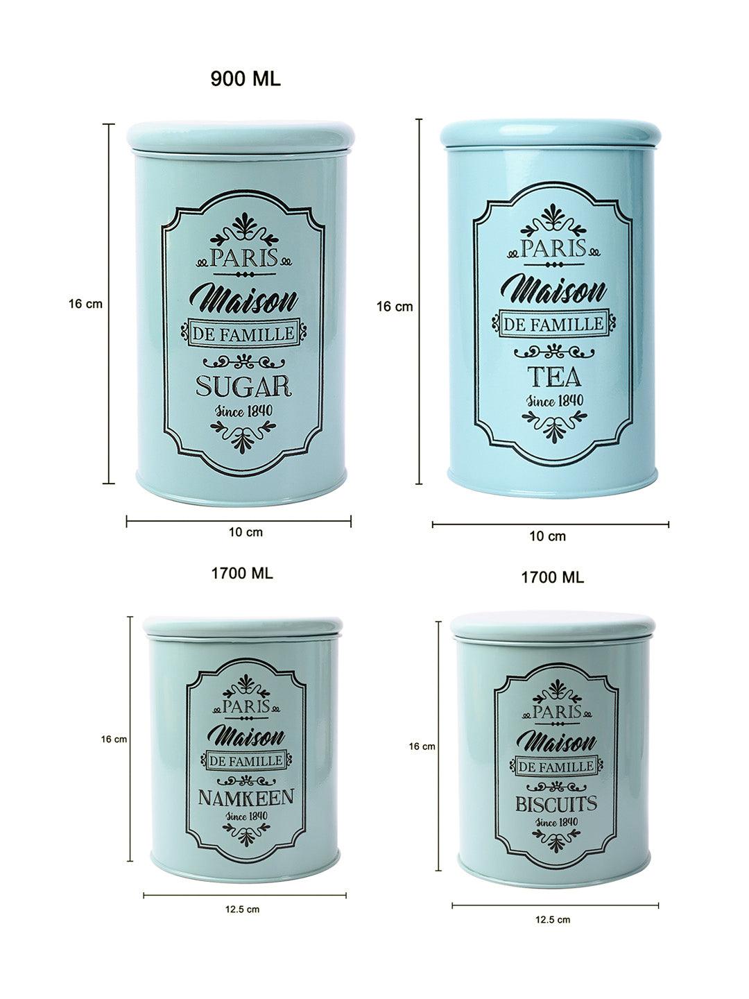 Metal Tea & Sugar Jar (Each 900 Ml) + Cookie & Namkeen Jar (Each 1700 Ml) - Green, Set Of 4