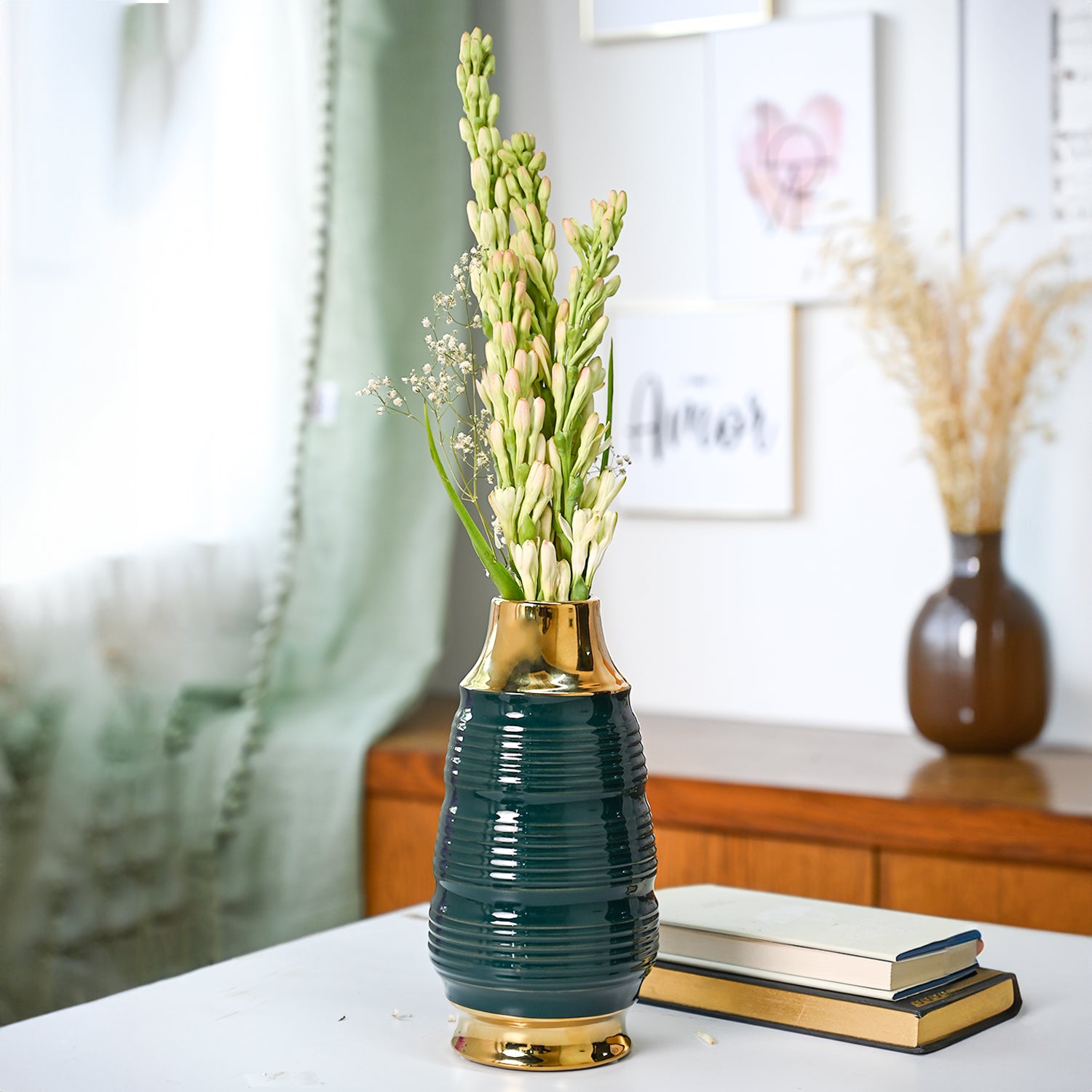 Golden & Teal Spiral Ceramic Vase