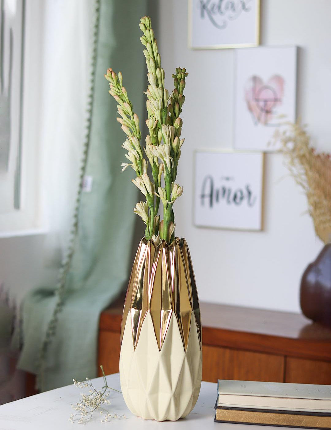 Ivory & Golden Geometric Vase - MARKET99