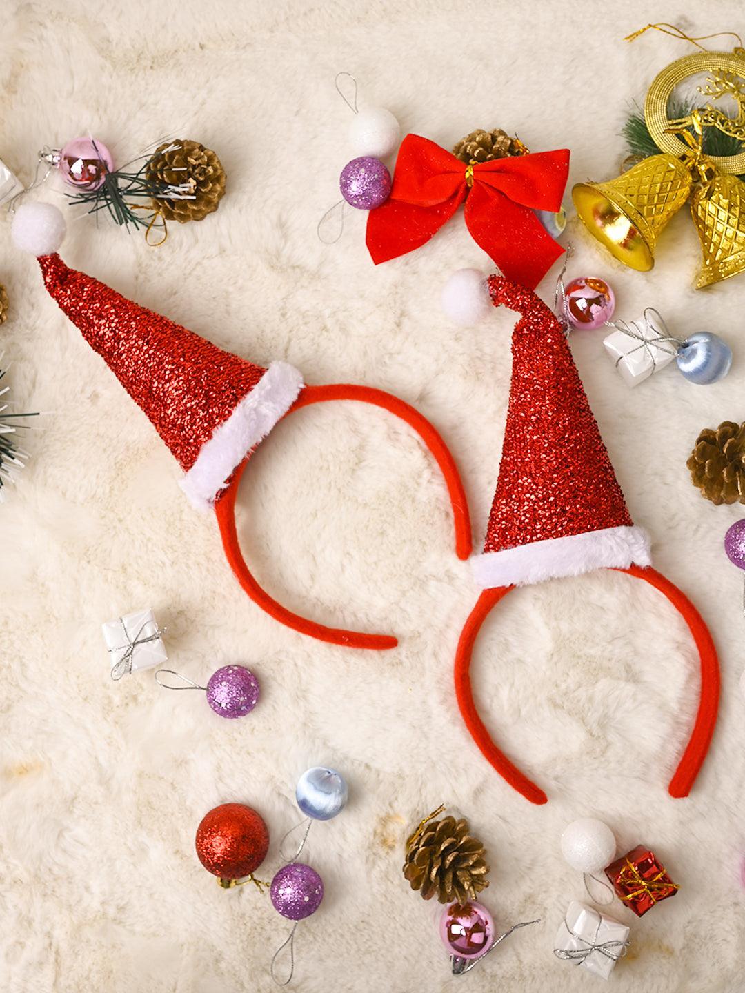 Santa's Helper Elf Headband - Red & Green Christmas Party Hat With Pom Poms