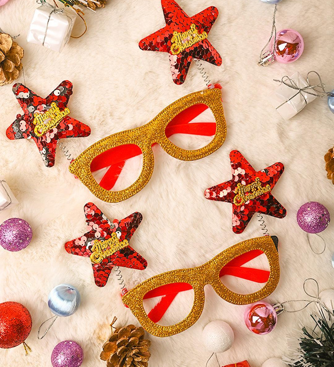 Party Spectacles With Reindeer Horns (Gold, Set Of 2) - MARKET99