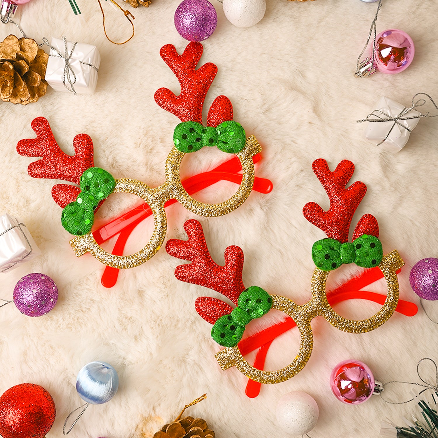 Christmas Raindeer Horns Party Spectacles (Red, Green & Gold, Set Of 2)