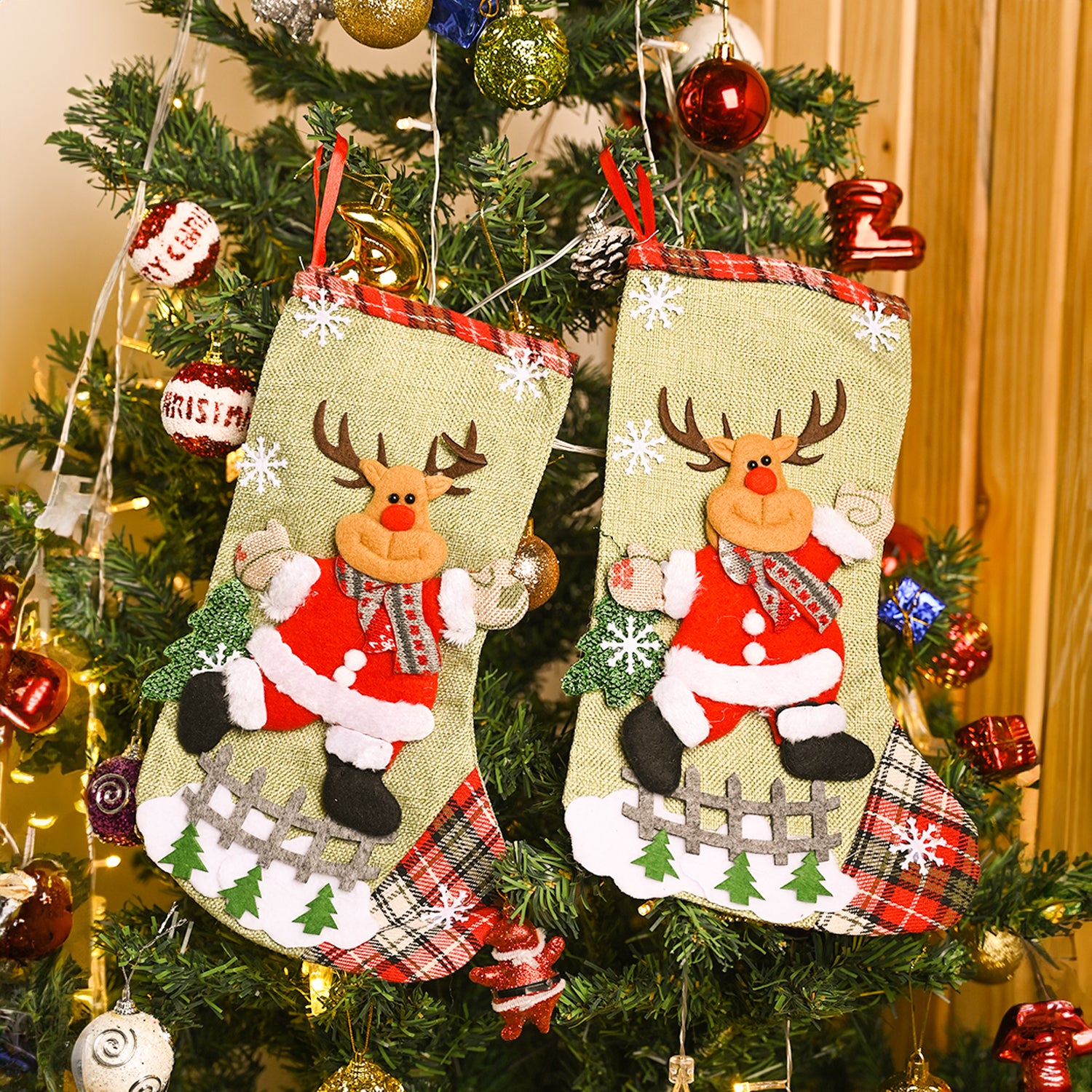 X-Mas Embroidery Stocking Hanging (White, Set Of 2)