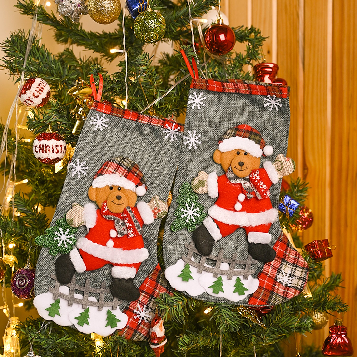 X-Mas Embroidery Stocking Hanging (Light Green, Set Of 2)