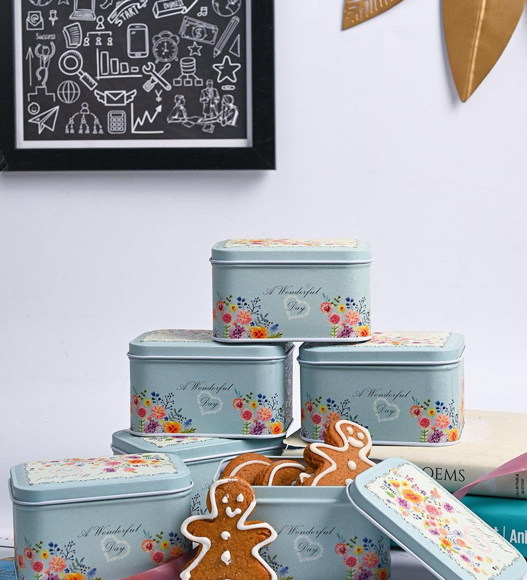 Floral Tin Storage Box Container - Set Of 6, Blue - MARKET99