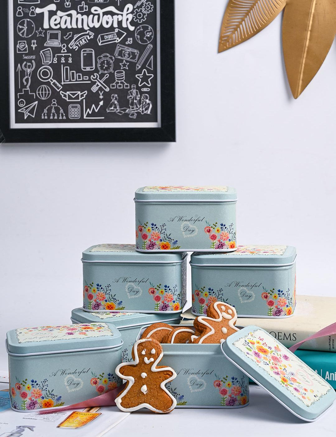 Floral Tin Storage Box Container - Set Of 6, Blue - MARKET99