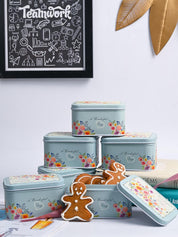 Floral Tin Storage Box Container - Set Of 6, Blue - MARKET99