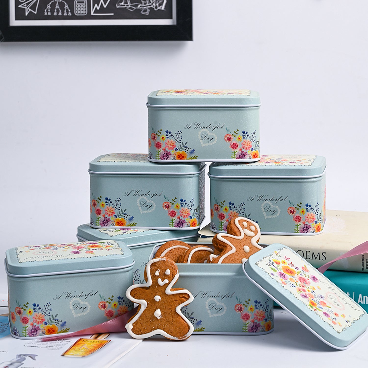 Floral Tin Storage Box Container  - Set Of 6, Blue