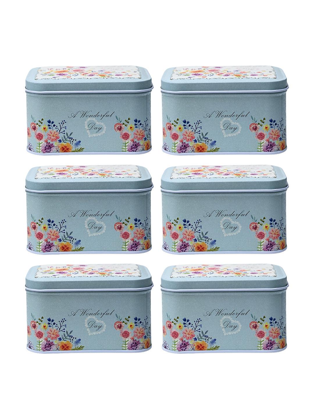 Floral Tin Storage Box Container - Set Of 6, Blue - MARKET99