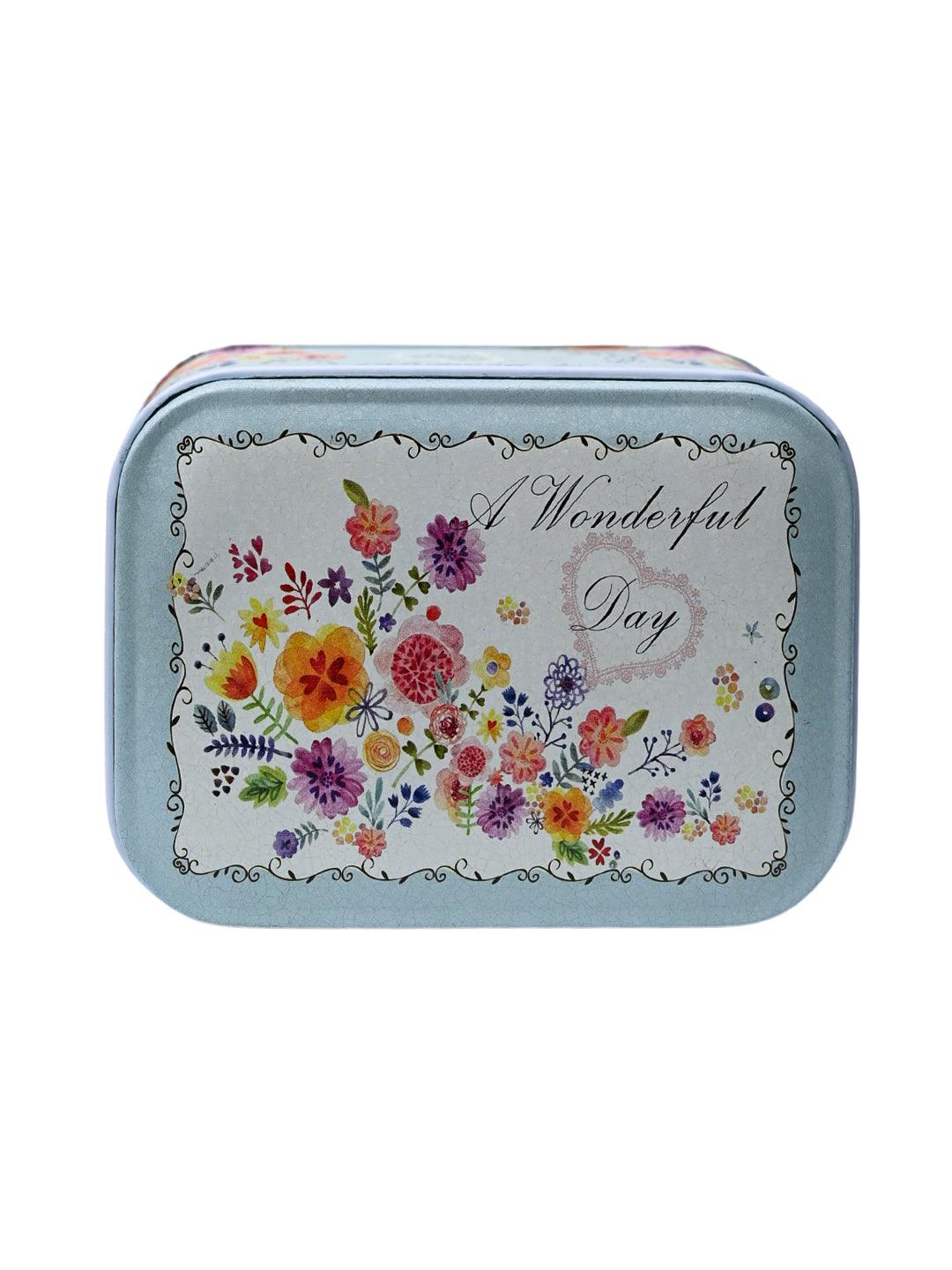 Floral Tin Storage Box Container - Set Of 6, Blue - MARKET99