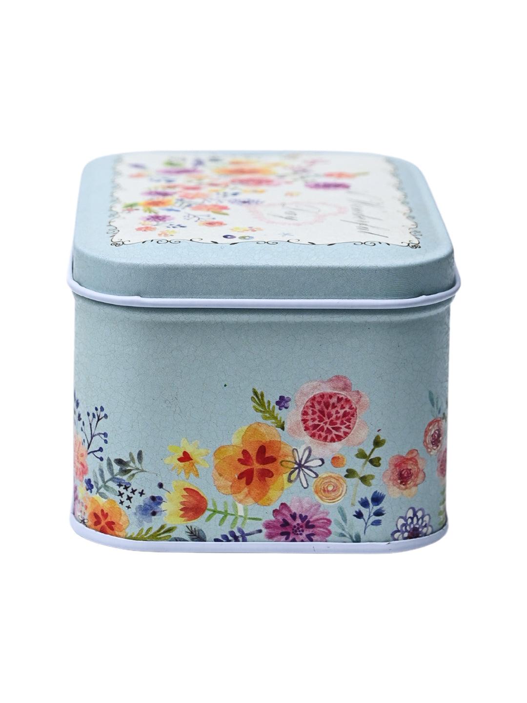 Floral Tin Storage Box Container - Set Of 6, Blue - MARKET99