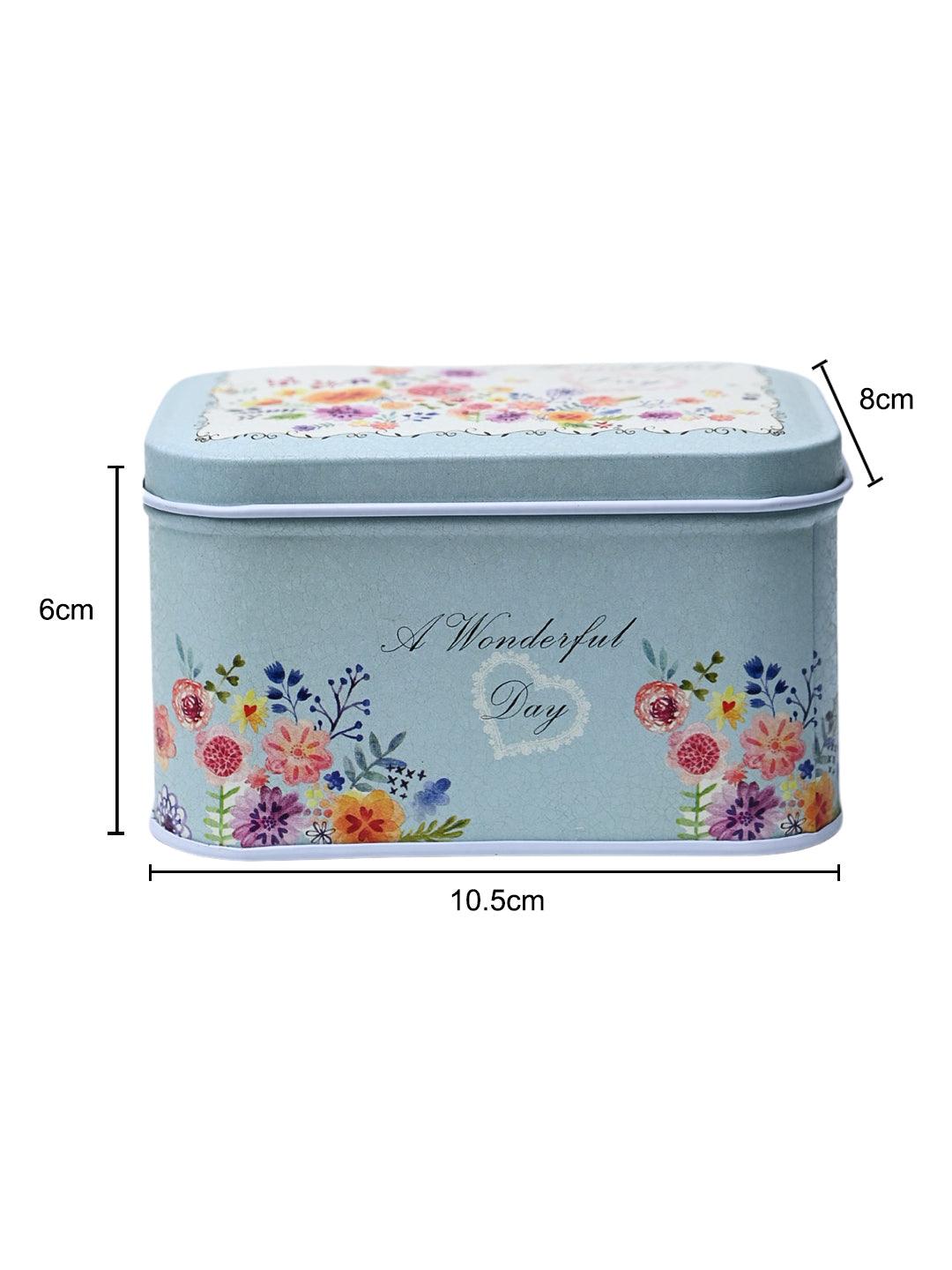 Floral Tin Storage Box Container - Set Of 6, Blue - MARKET99