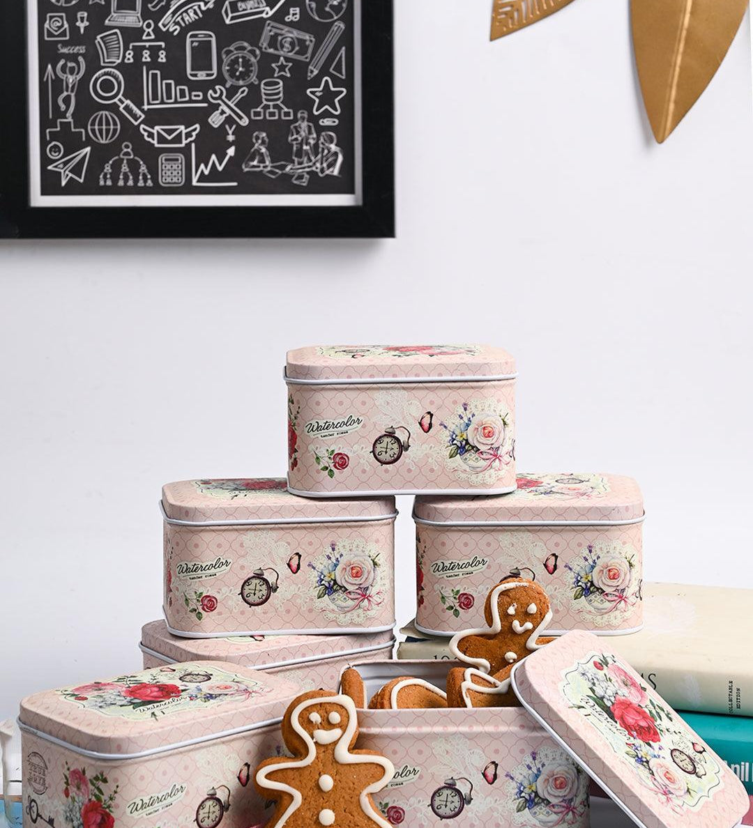 Floral Tin Storage Box Container - Set Of 6, Light Pink - MARKET99