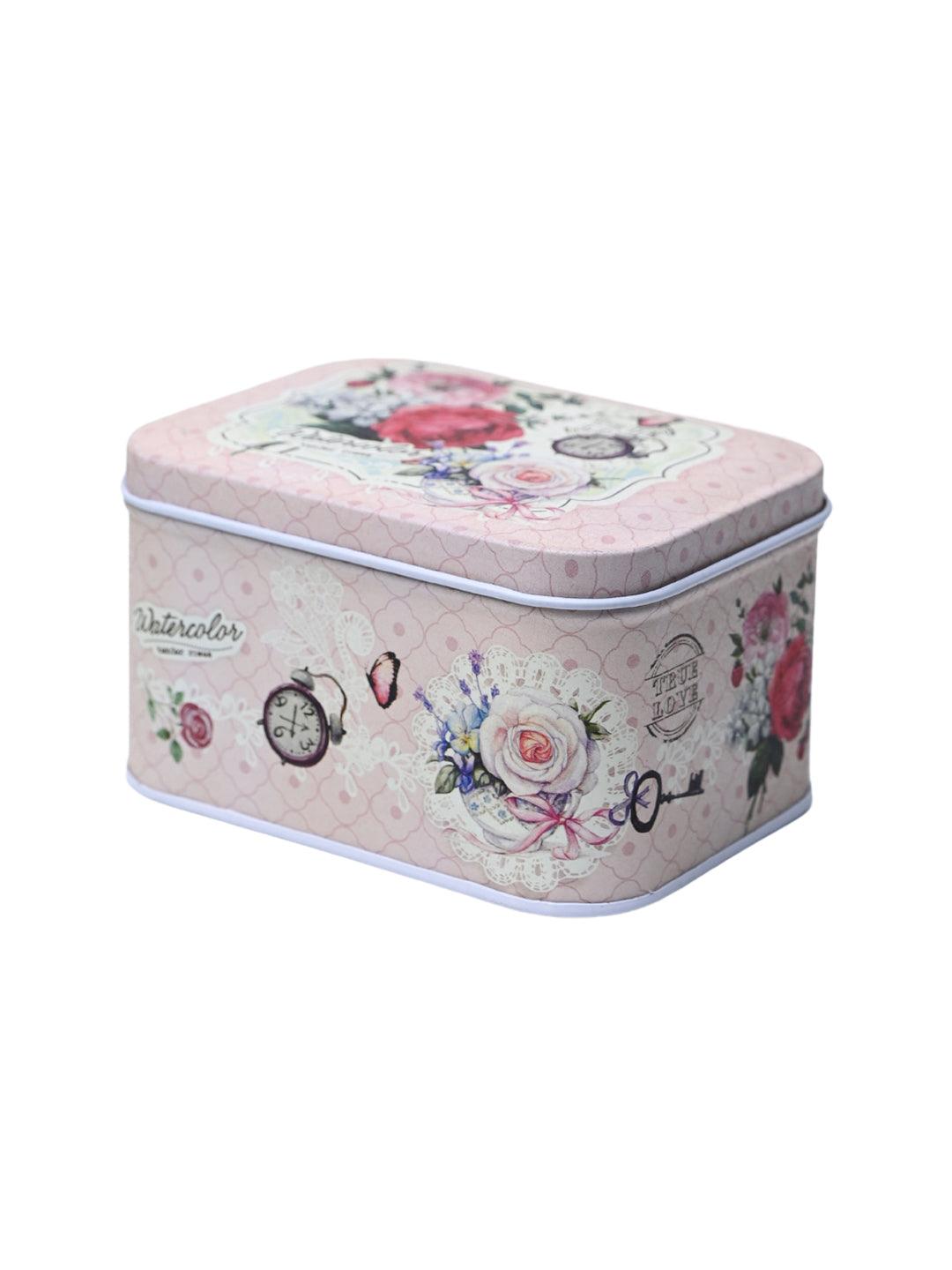 Floral Tin Storage Box Container - Set Of 6, Light Pink - MARKET99