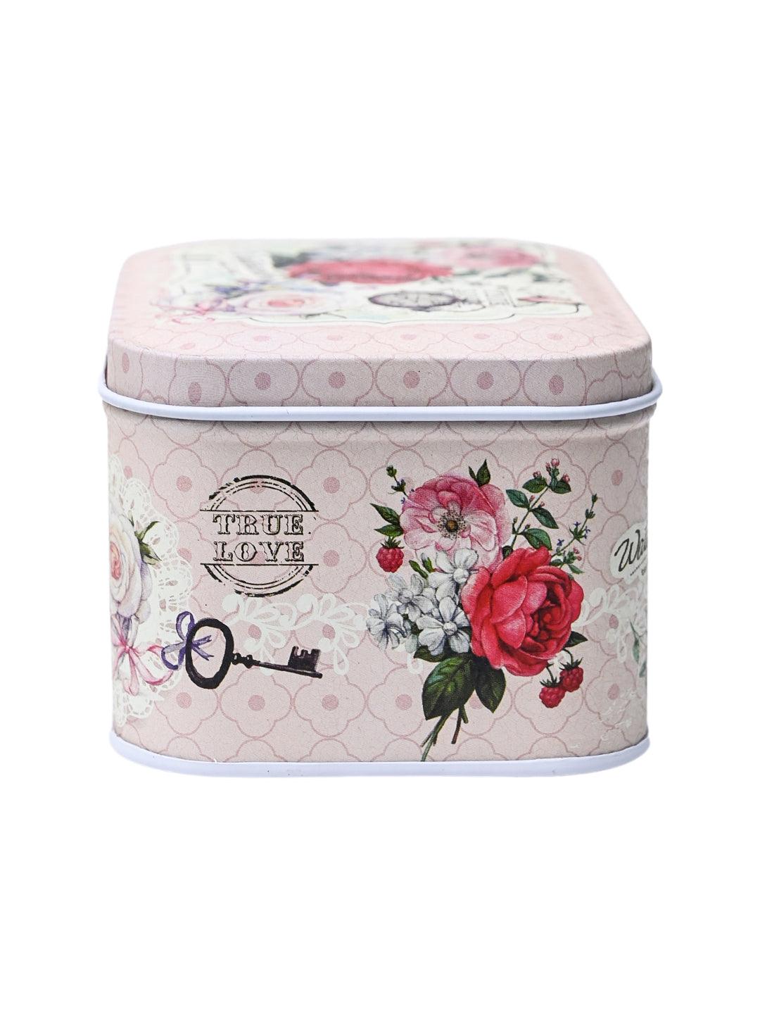 Floral Tin Storage Box Container - Set Of 6, Light Pink - MARKET99