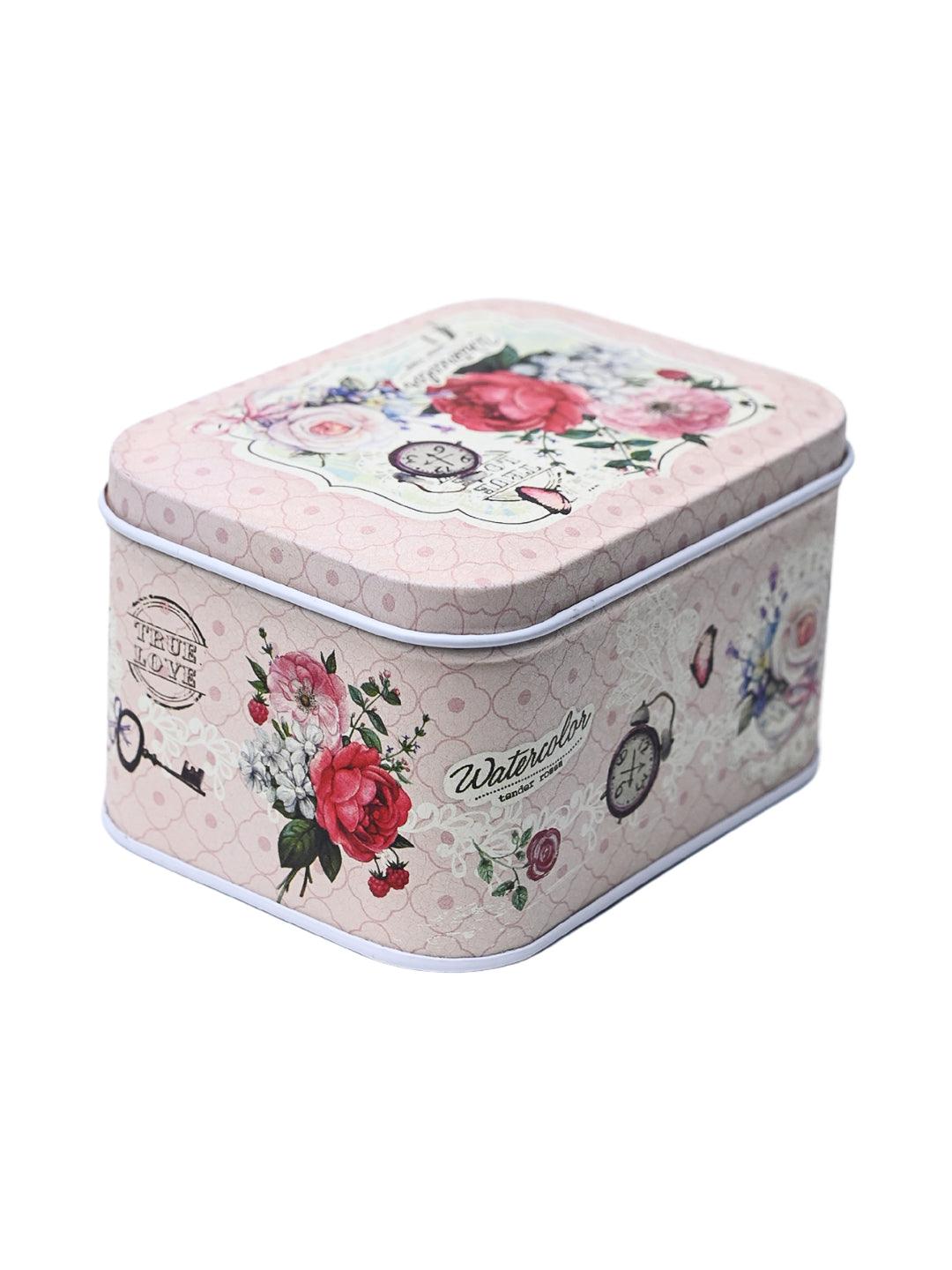 Floral Tin Storage Box Container - Set Of 6, Light Pink - MARKET99