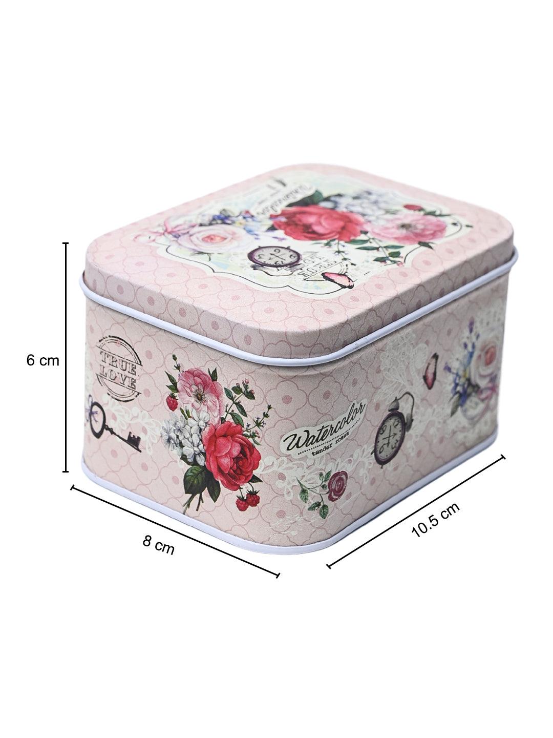 Floral Tin Storage Box Container - Set Of 6, Light Pink - MARKET99