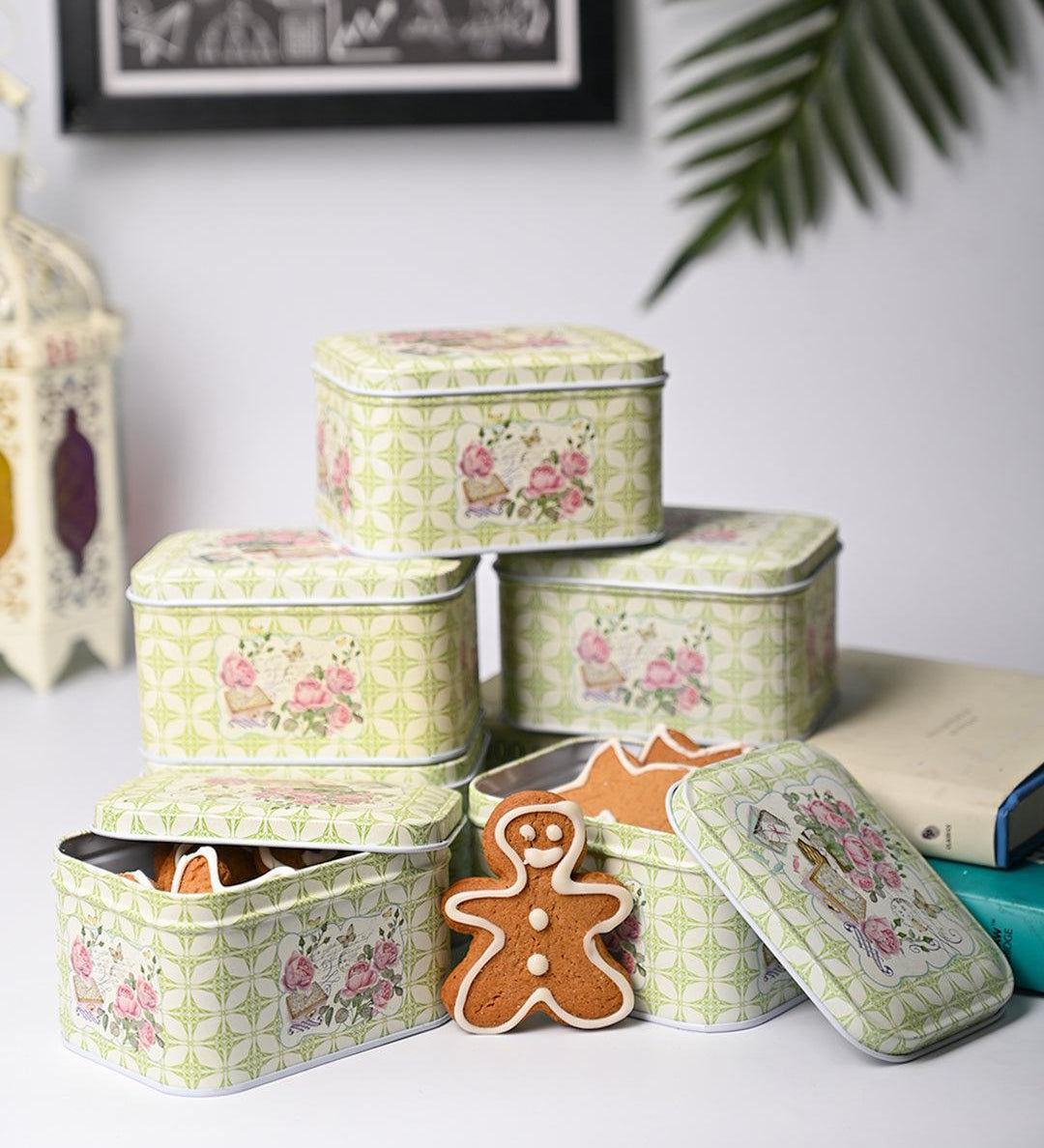 Floral Tin Storage Box Container - Set Of 6, Green - MARKET99