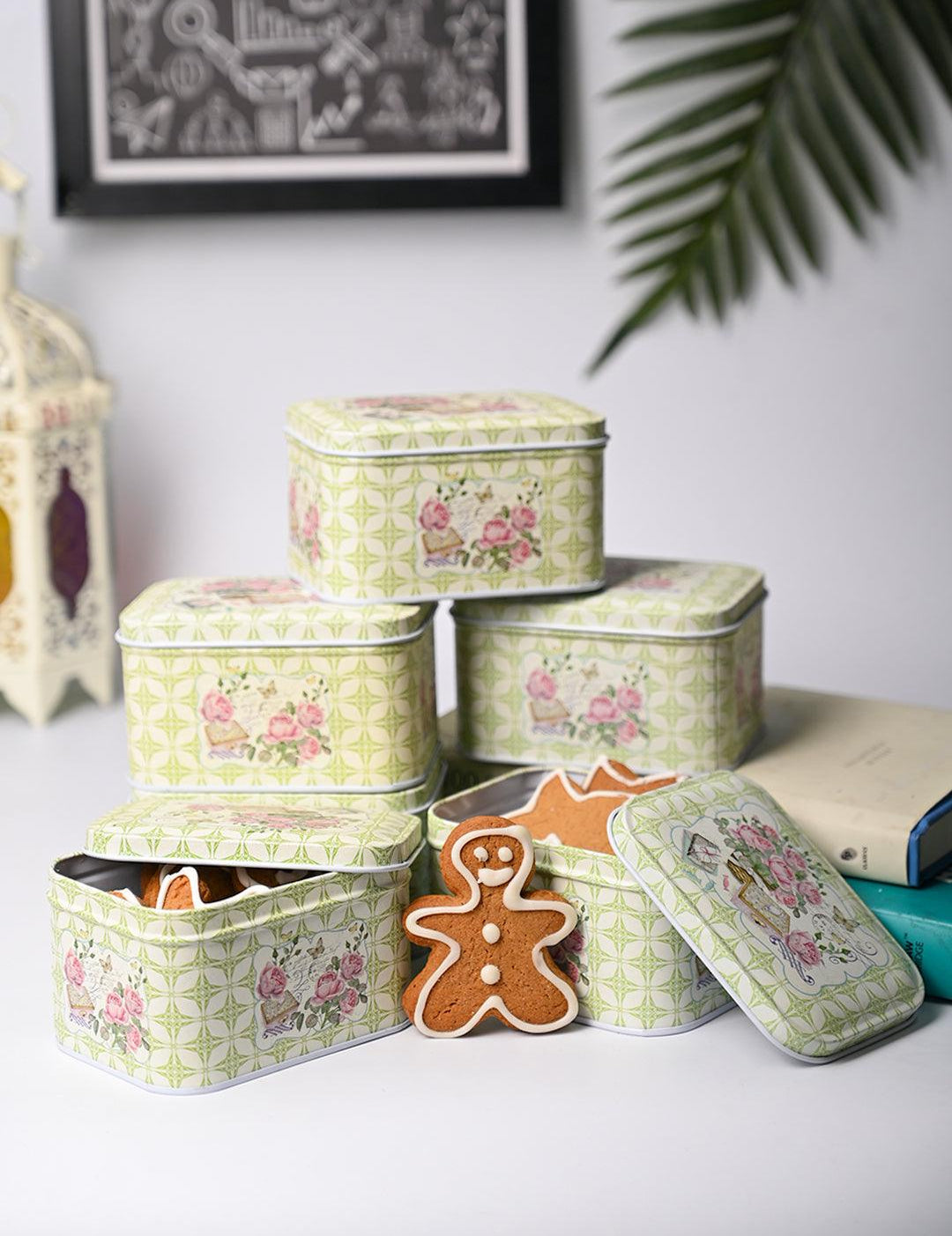 Floral Tin Storage Box Container - Set Of 6, Green - MARKET99