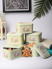 Floral Tin Storage Box Container - Set Of 6, Green - MARKET99