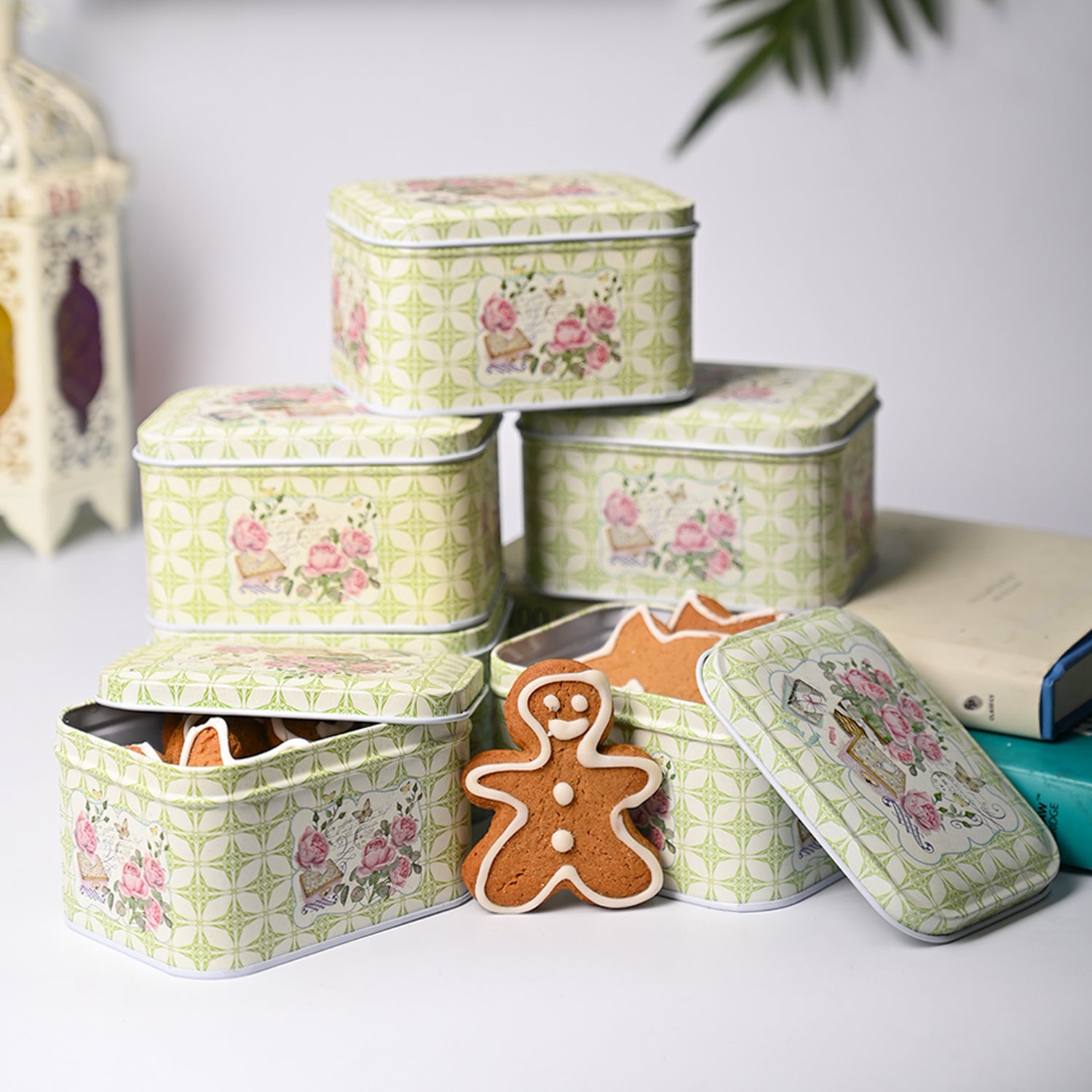Floral Tin Storage Box Container  - Set Of 6, Green