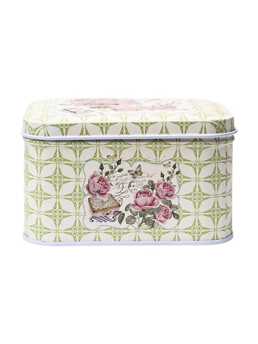 Floral Tin Storage Box Container - Set Of 6, Green - MARKET99