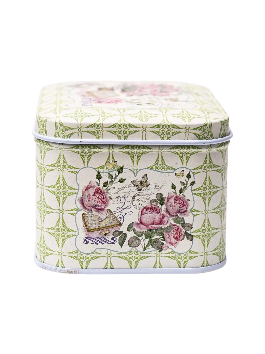 Floral Tin Storage Box Container - Set Of 6, Green - MARKET99