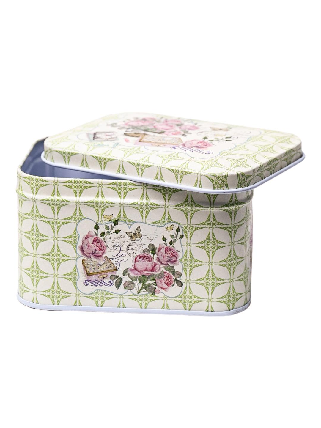 Floral Tin Storage Box Container - Set Of 6, Green - MARKET99