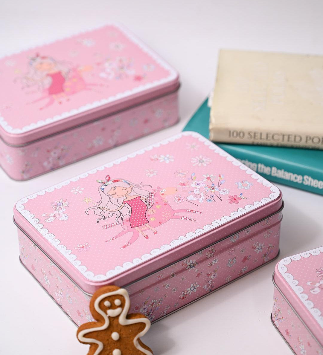Floral Tin Storage Box Container - Set Of 6, Pink - MARKET99