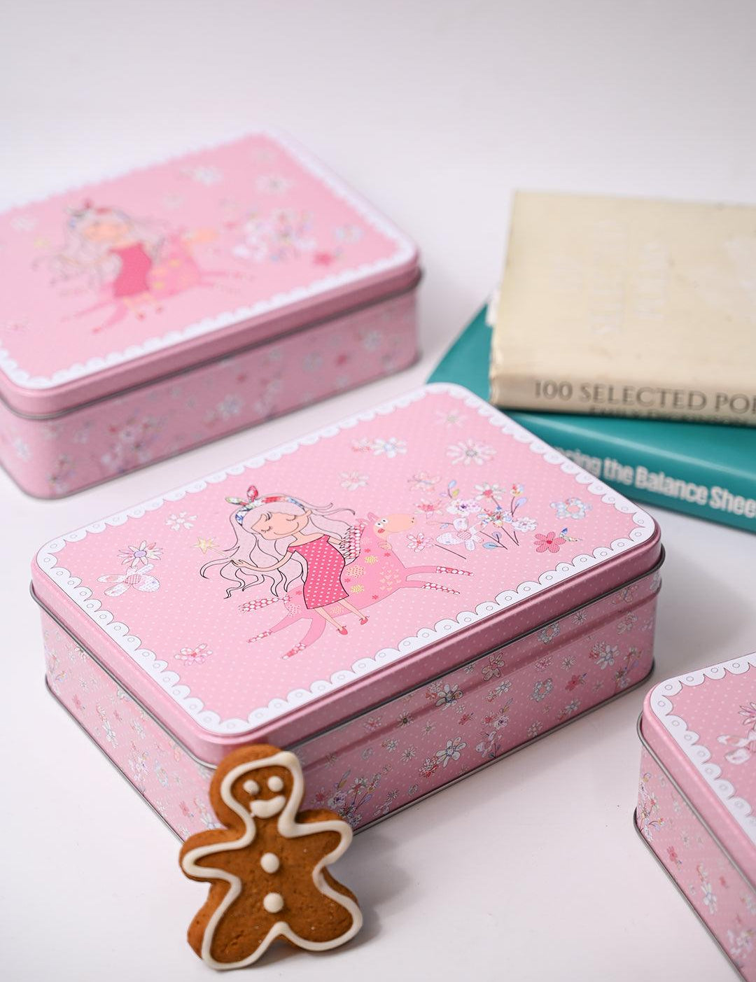 Floral Tin Storage Box Container - Set Of 6, Pink - MARKET99