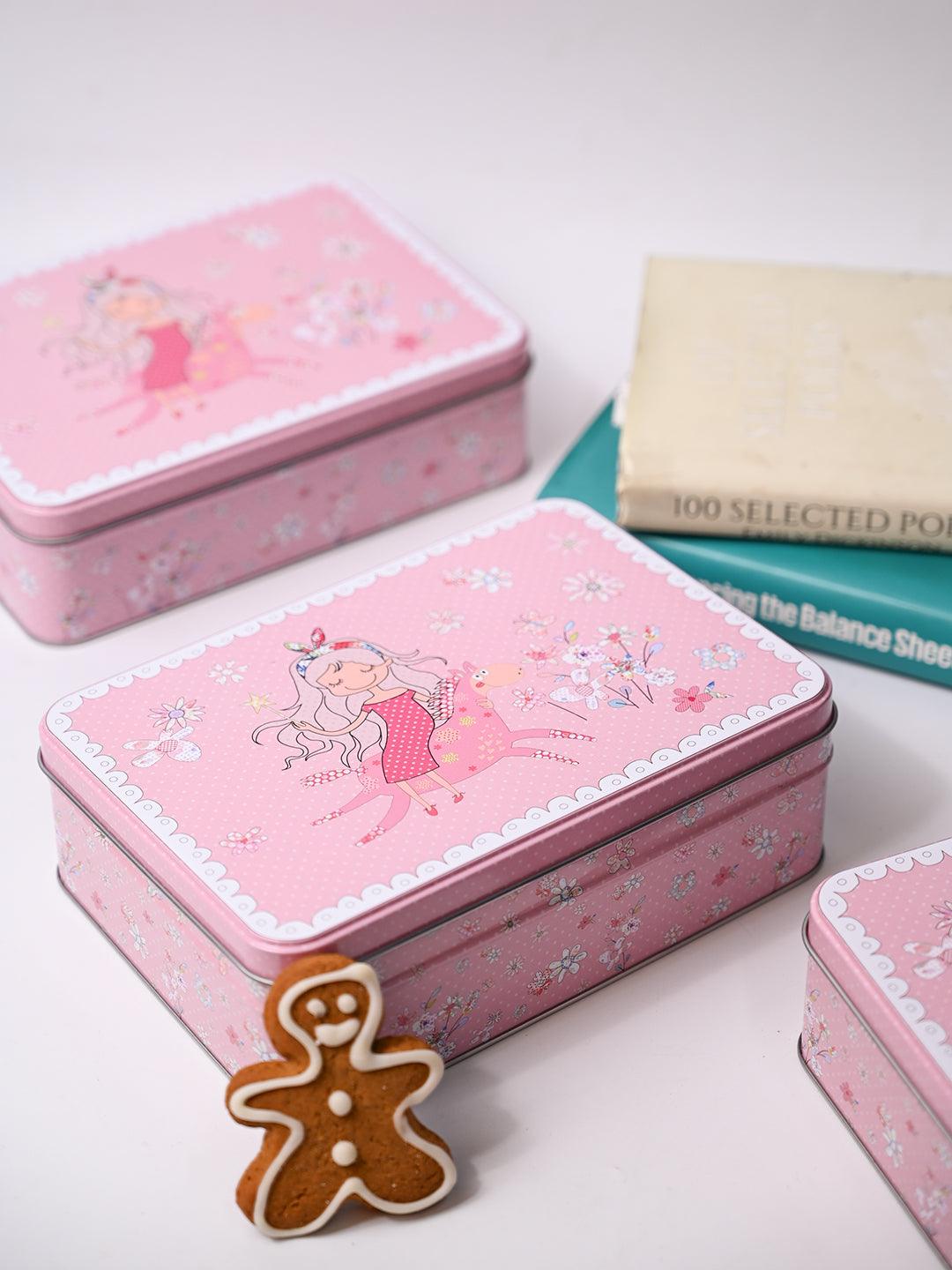 Floral Tin Storage Box Container - Set Of 6, Pink - MARKET99