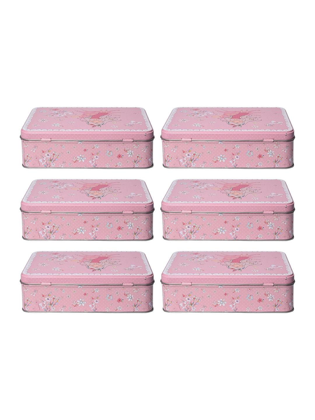 Floral Tin Storage Box Container - Set Of 6, Pink - MARKET99