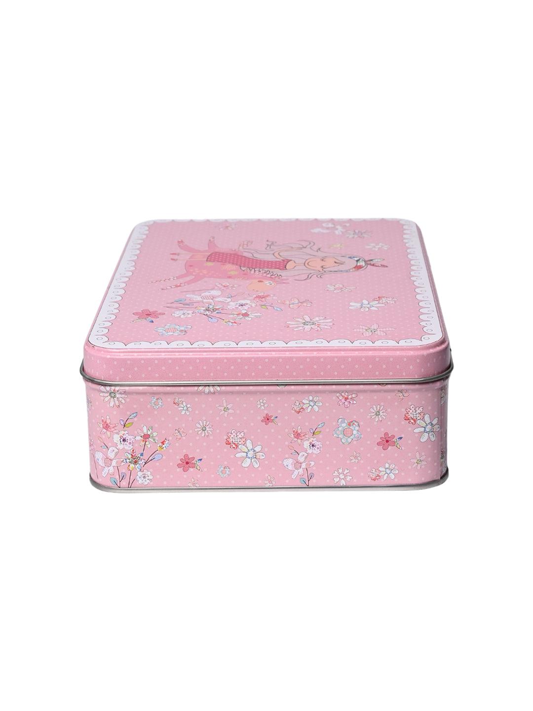 Floral Tin Storage Box Container - Set Of 6, Pink - MARKET99