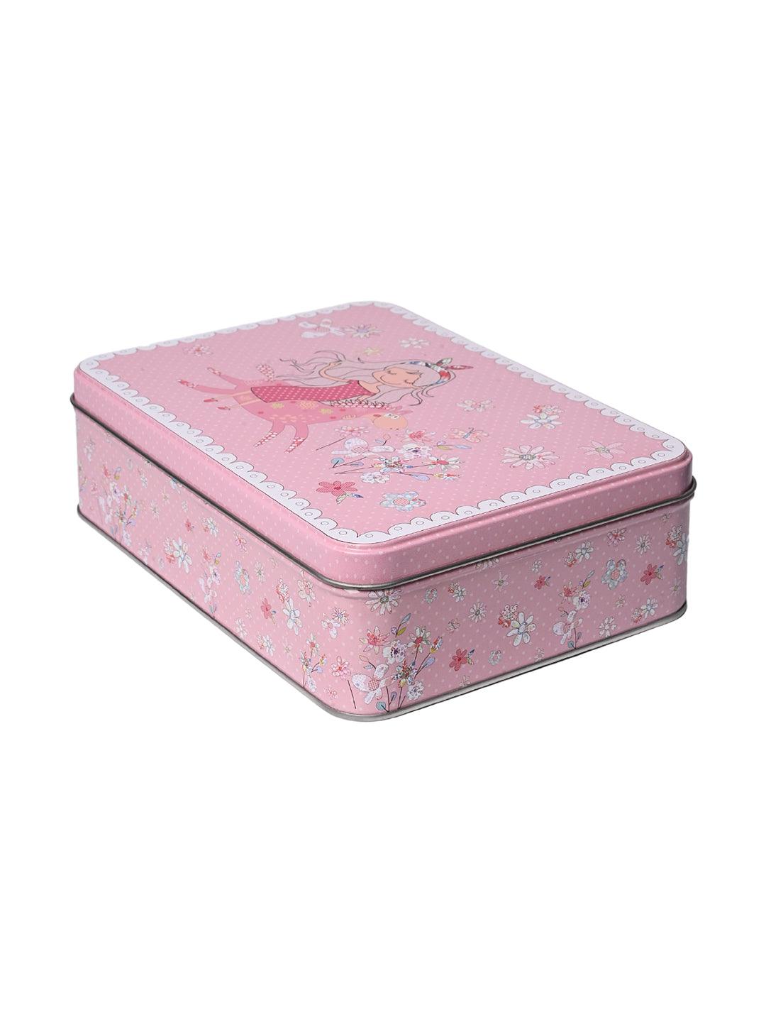 Floral Tin Storage Box Container - Set Of 6, Pink - MARKET99