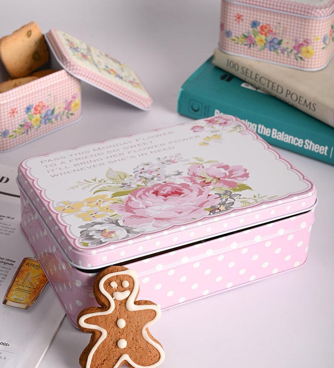 Floral Tin Storage Box Container - Set Of 6, Yellow & Pink - MARKET99