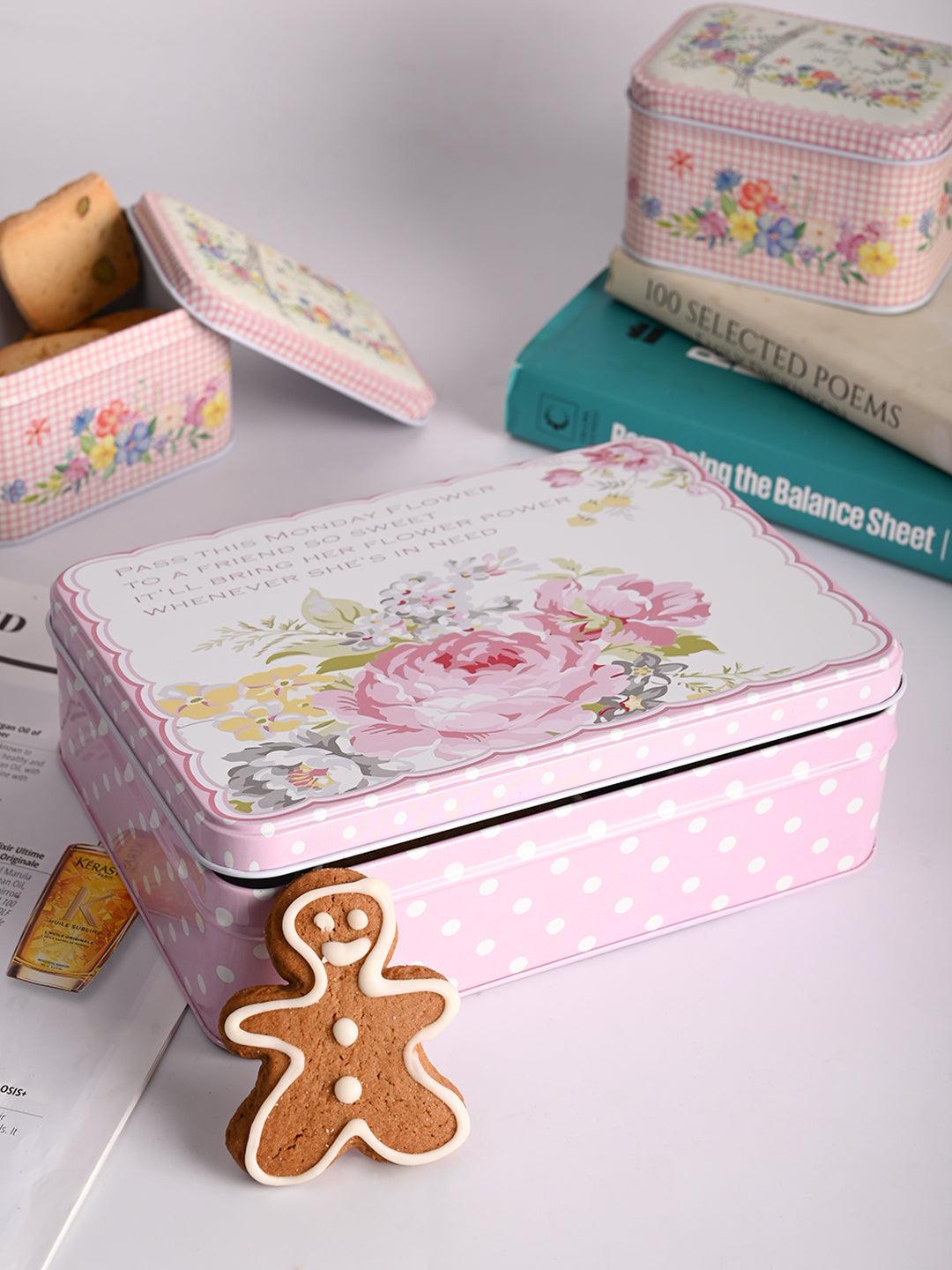 Floral Tin Storage Box Container - Set Of 6, Yellow & Pink - MARKET99