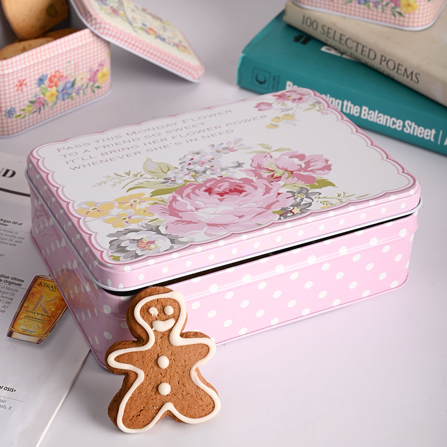 Floral Tin Storage Box Container  - Set Of 6, Yellow & Pink