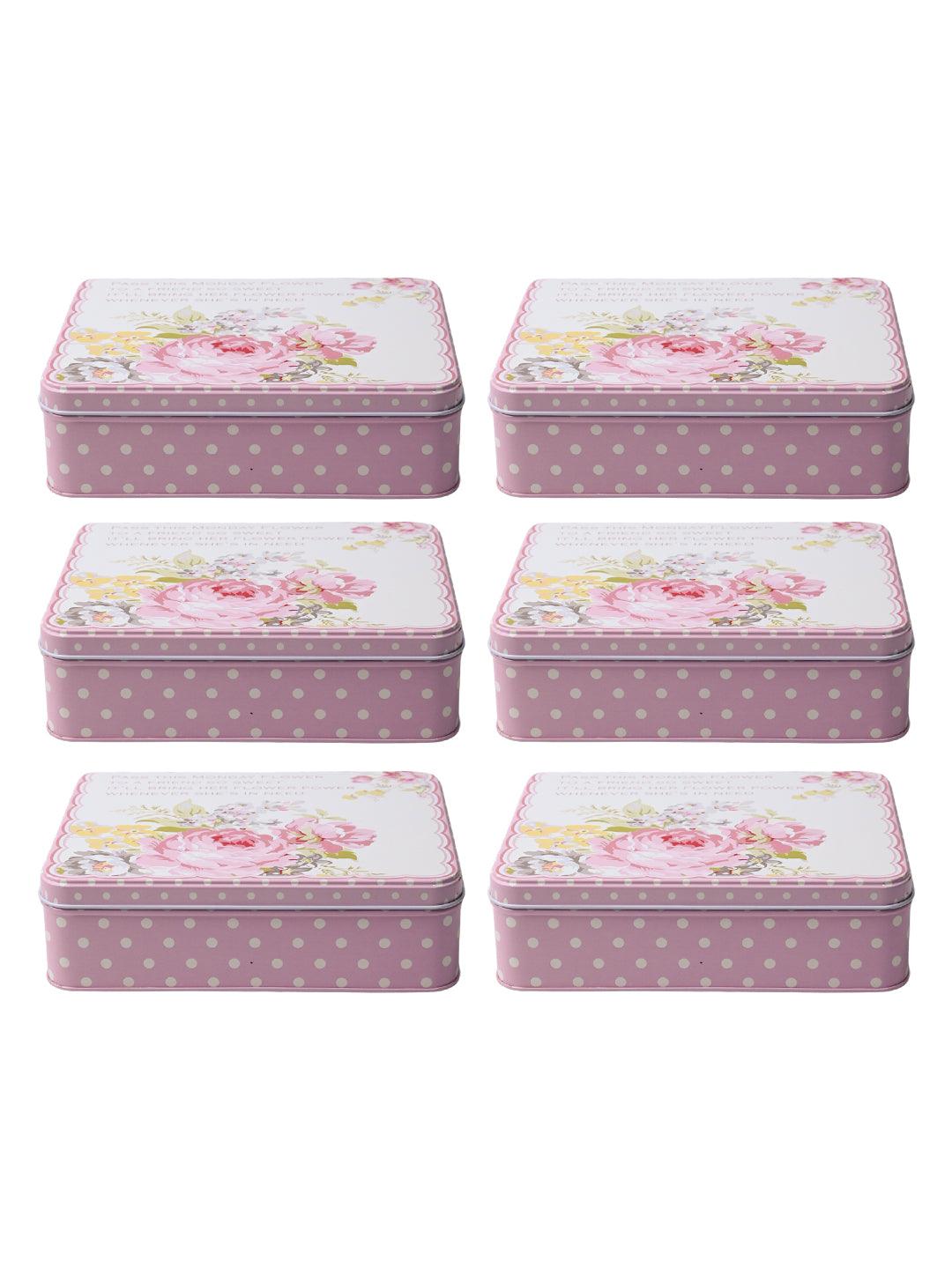 Floral Tin Storage Box Container - Set Of 6, Yellow & Pink - MARKET99