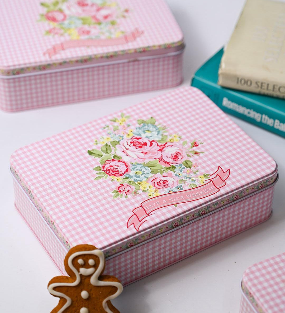 Floral Tin Storage Box Container - Set Of 6, Pink & White - MARKET99