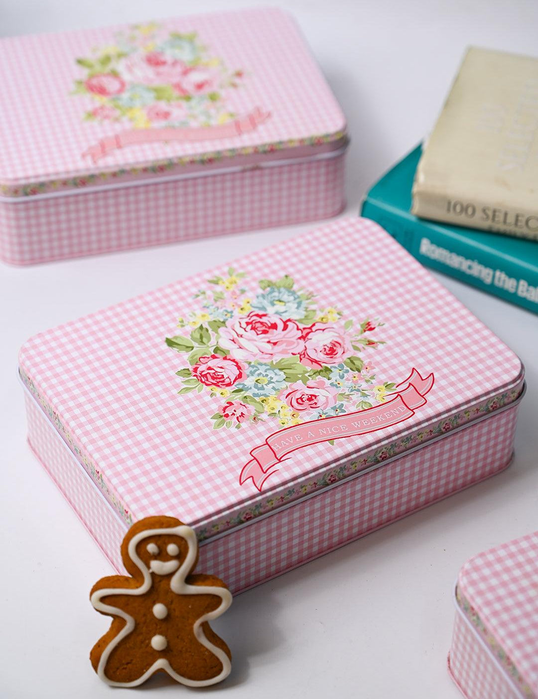 Floral Tin Storage Box Container - Set Of 6, Pink & White - MARKET99