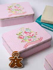 Floral Tin Storage Box Container - Set Of 6, Pink & White - MARKET99