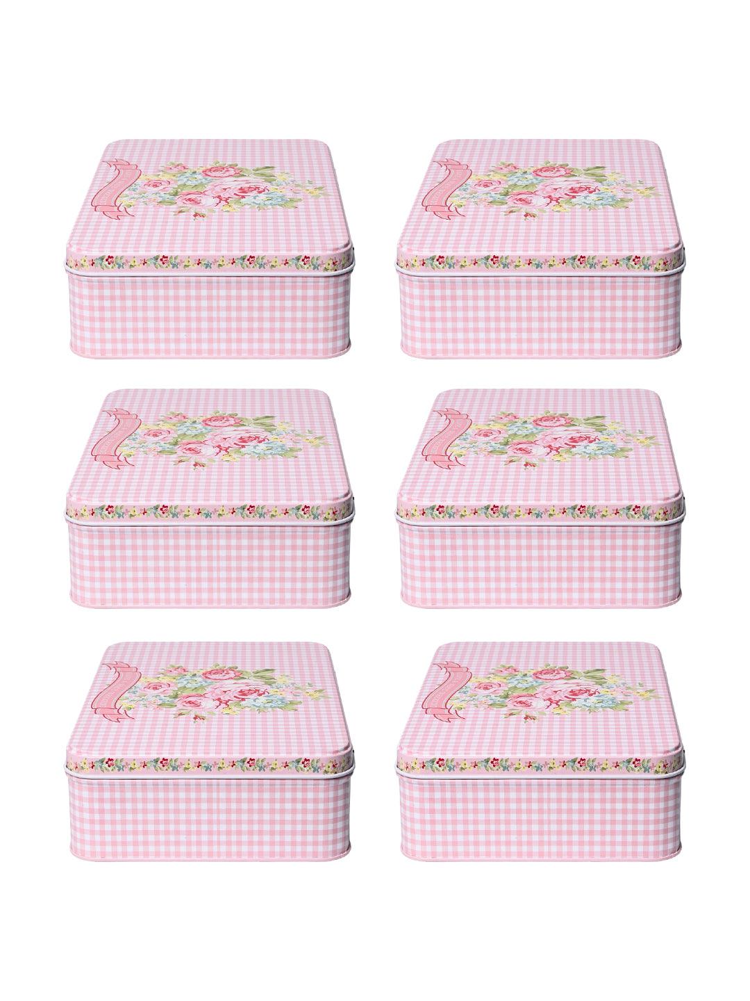 Floral Tin Storage Box Container - Set Of 6, Pink & White - MARKET99