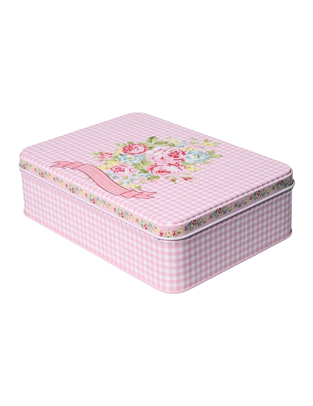 Floral Tin Storage Box Container - Set Of 6, Pink & White - MARKET99