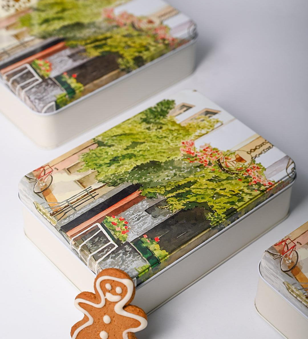 House Print Tin Storage Box Container - Set Of 3, Green & White - MARKET99